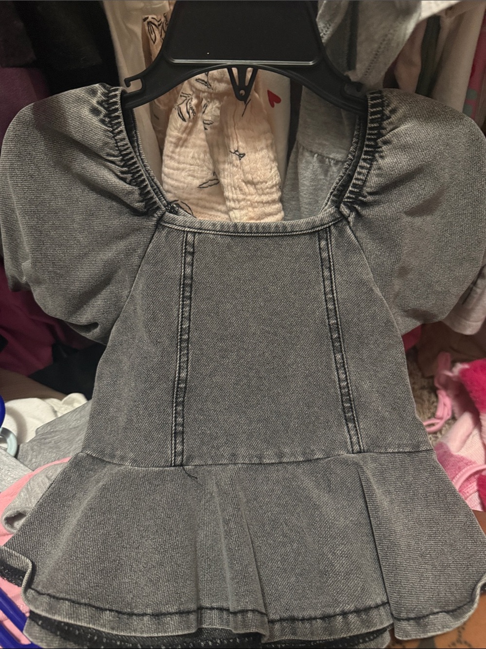 H&M Black Washed Denim Peplum Dress with Puff Sleeves